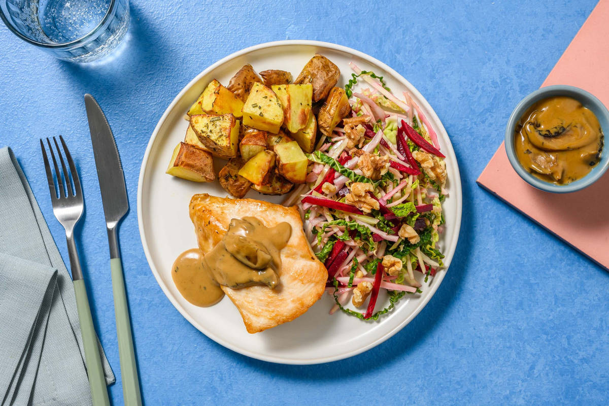 Ovnbagt kylling i cremet svampesauce