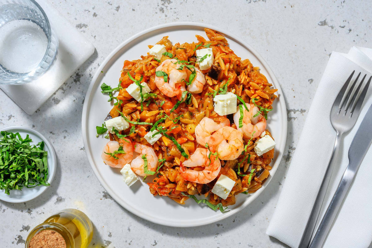 Orzo met aubergine en knoflookgarnalen