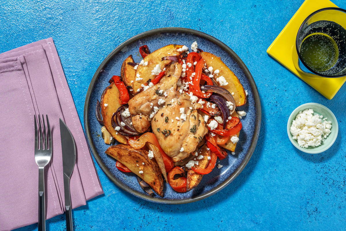 Extra de pollo asado con patatas y queso griego