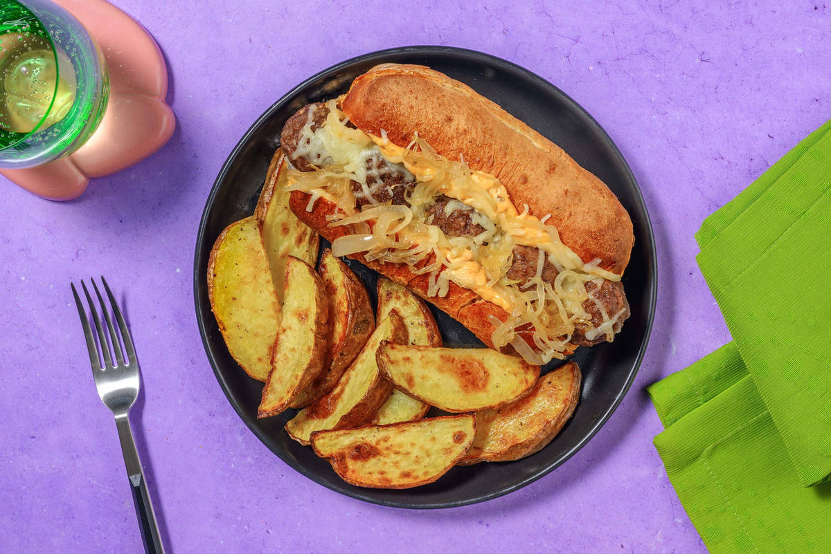 Bacon Cheeseburger Inspired Meatball Sub & Chips 