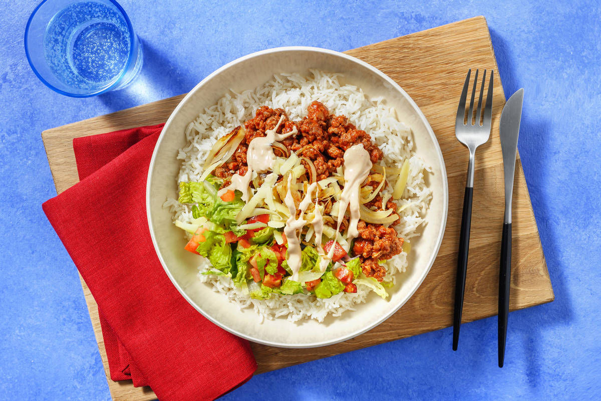 Beef and Pork Mince Cheeseburger Inspired Rice Bowl