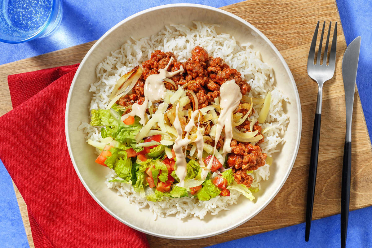 Beef Cheeseburger Inspired Rice Bowl