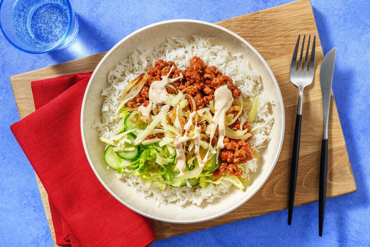 Cheeseburger Style Beef and Bacon Rice Bowl