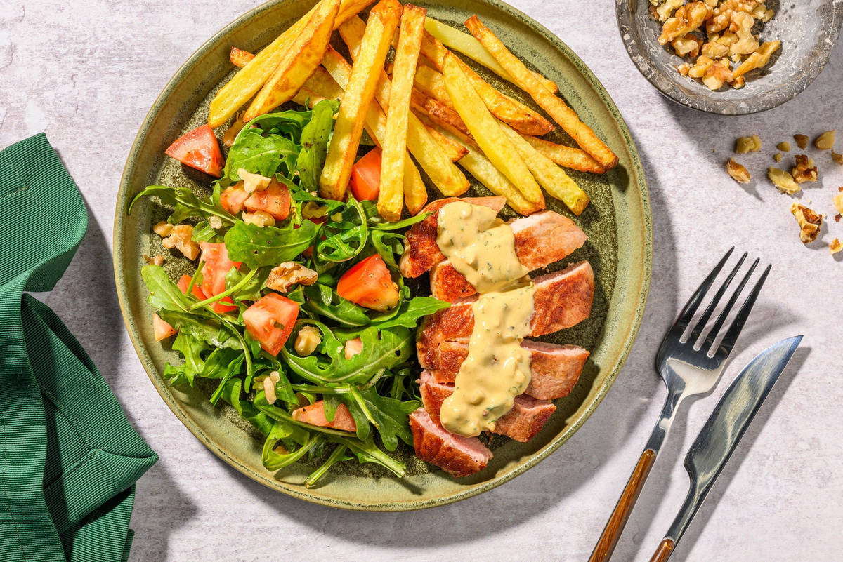 Steak Diane av svinekoteletter og fries