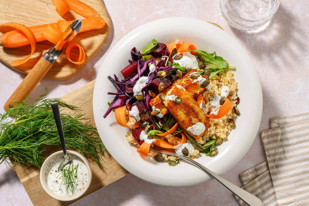 Pandestegt grillost og bulgursalat 