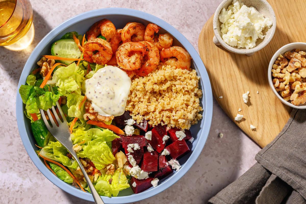 Nem krydret reje- og bulgurbowl med ekstra laks