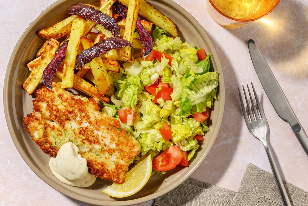 Dildpaneret hvid fisk og rodfrugtefritter