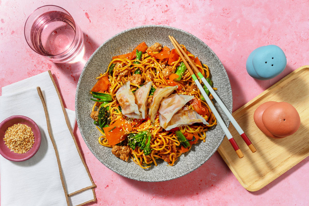 Honey Sesame Pork and Vegetable Gyoza Noodle Stir-Fry