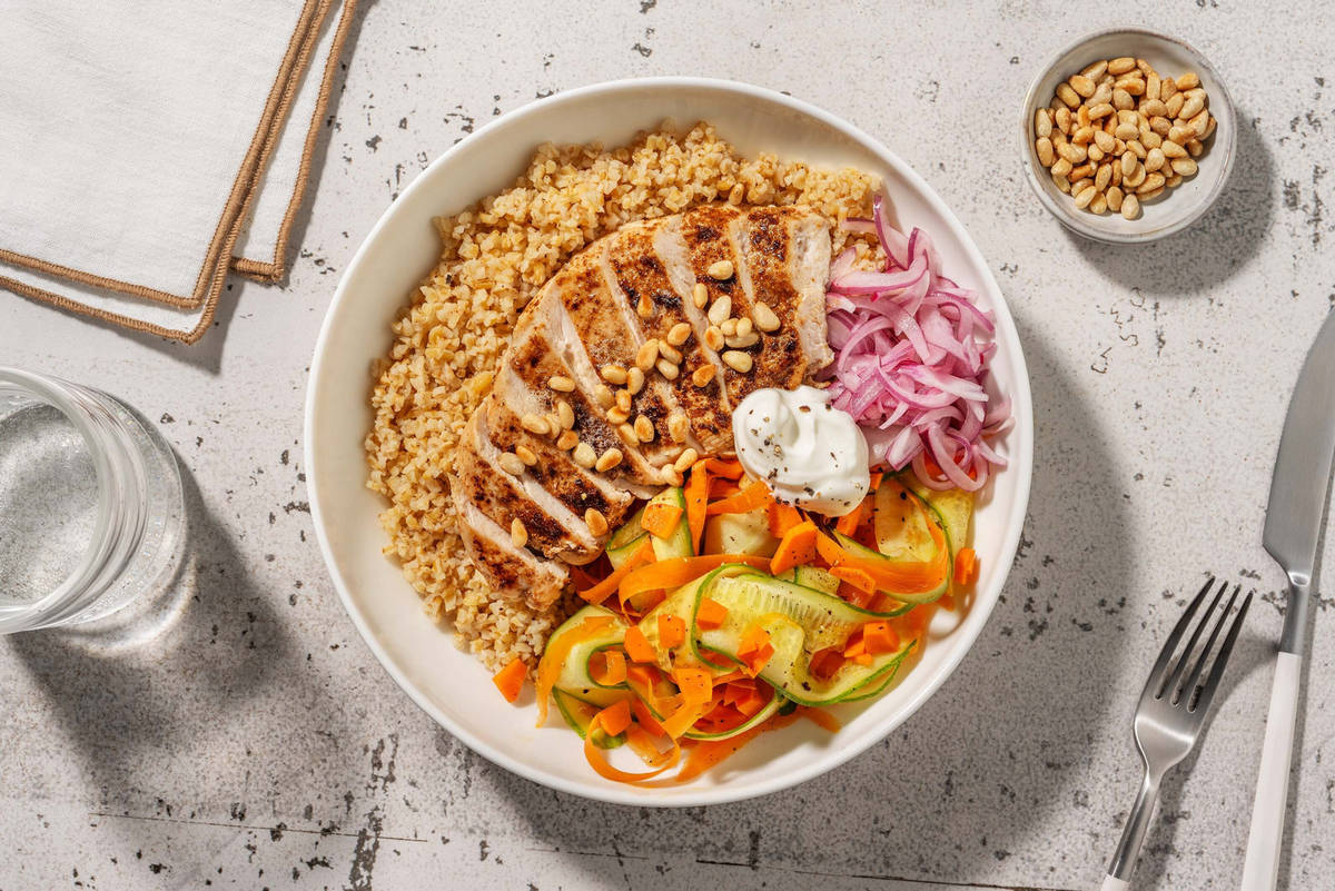 Honey harissa chicken and toasted pinenut 