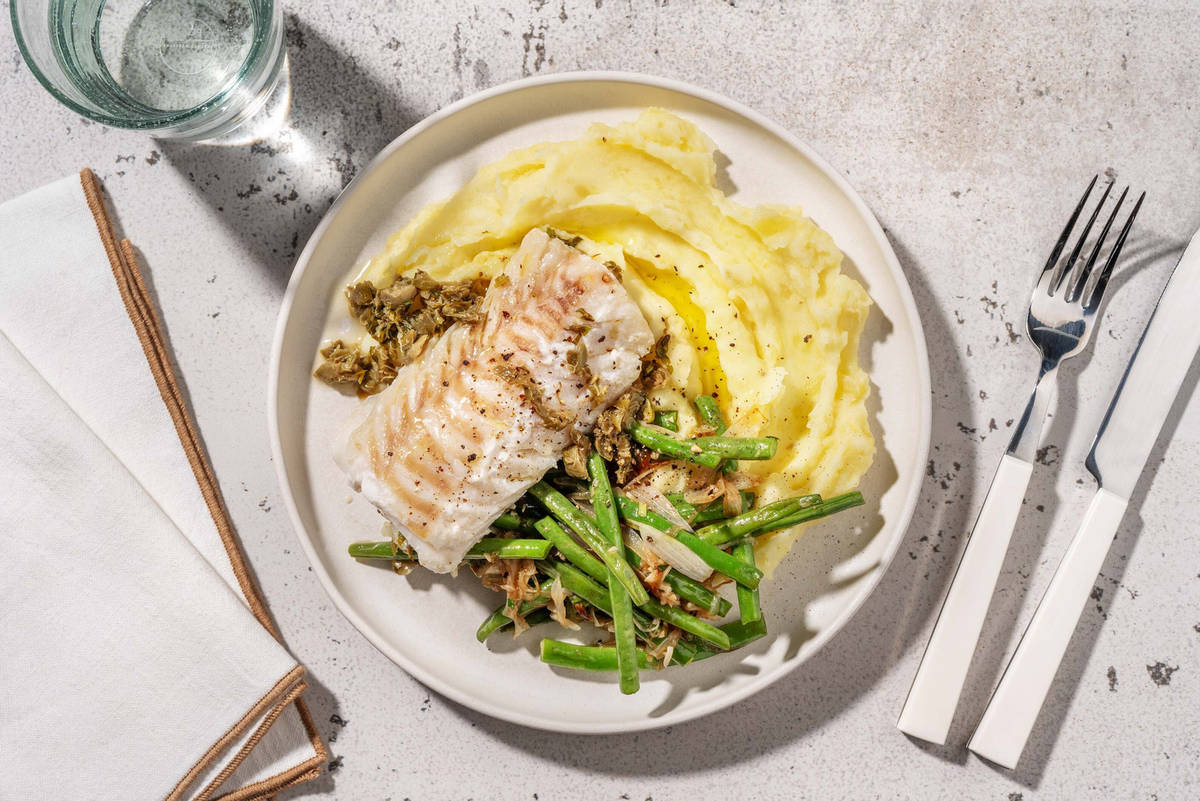 Franskinspireret fisk 'meunière' med rejer