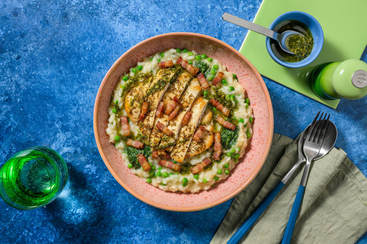 Rosemary Chicken on Oven-Baked Bacon & Pea Risotto