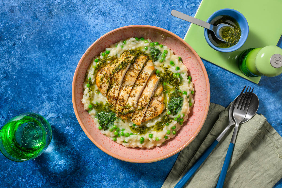 Rosemary Chicken on Oven-Baked Pea Risotto
