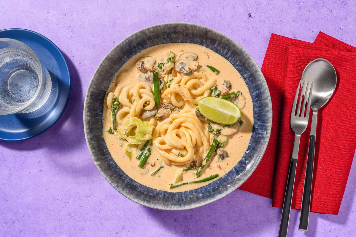 Red Thai Style Coconut Chicken Udon Soup