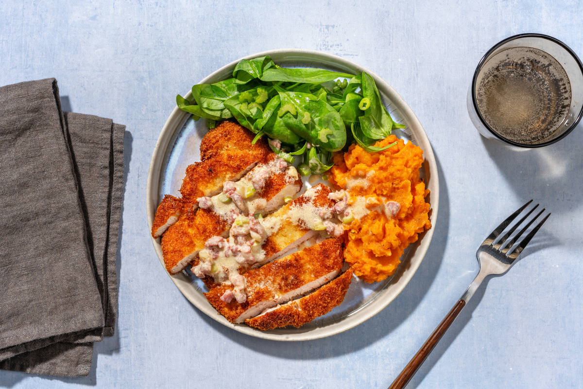 Crumbed Chicken, Haloumi & Creamy Bacon Sauce
