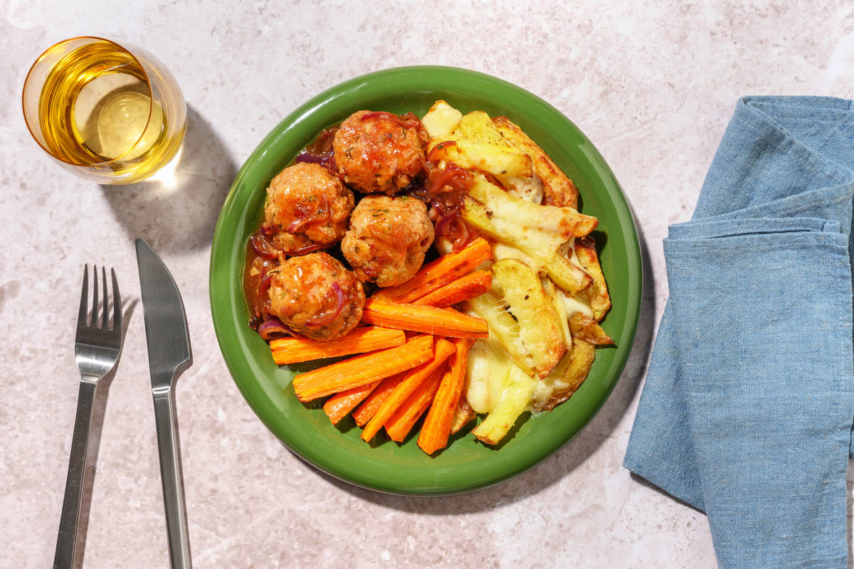 Rosemary Pork Meatballs and Cheesy Chips