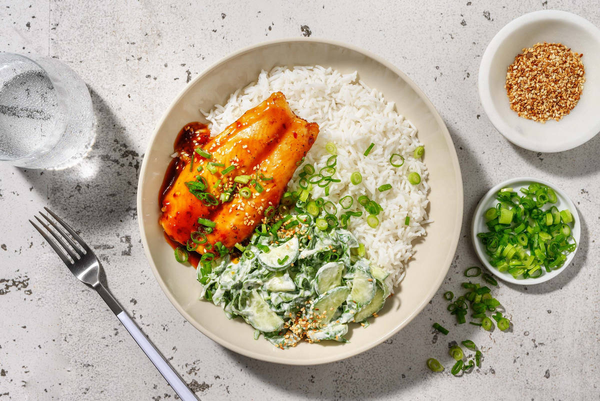 Sød chili- og sojaglaseret sej med ekstra rejer