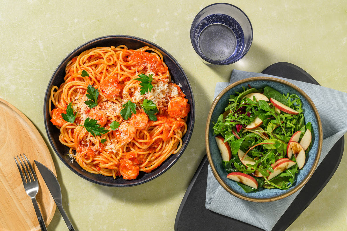 Butter Prawns, Chicken & Spaghetti Arrabbiata