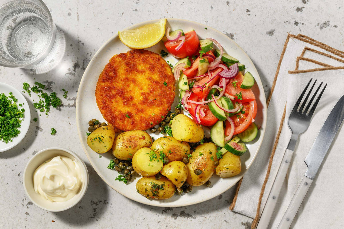 Plantaardige kipburger met peterseliekrieltjes