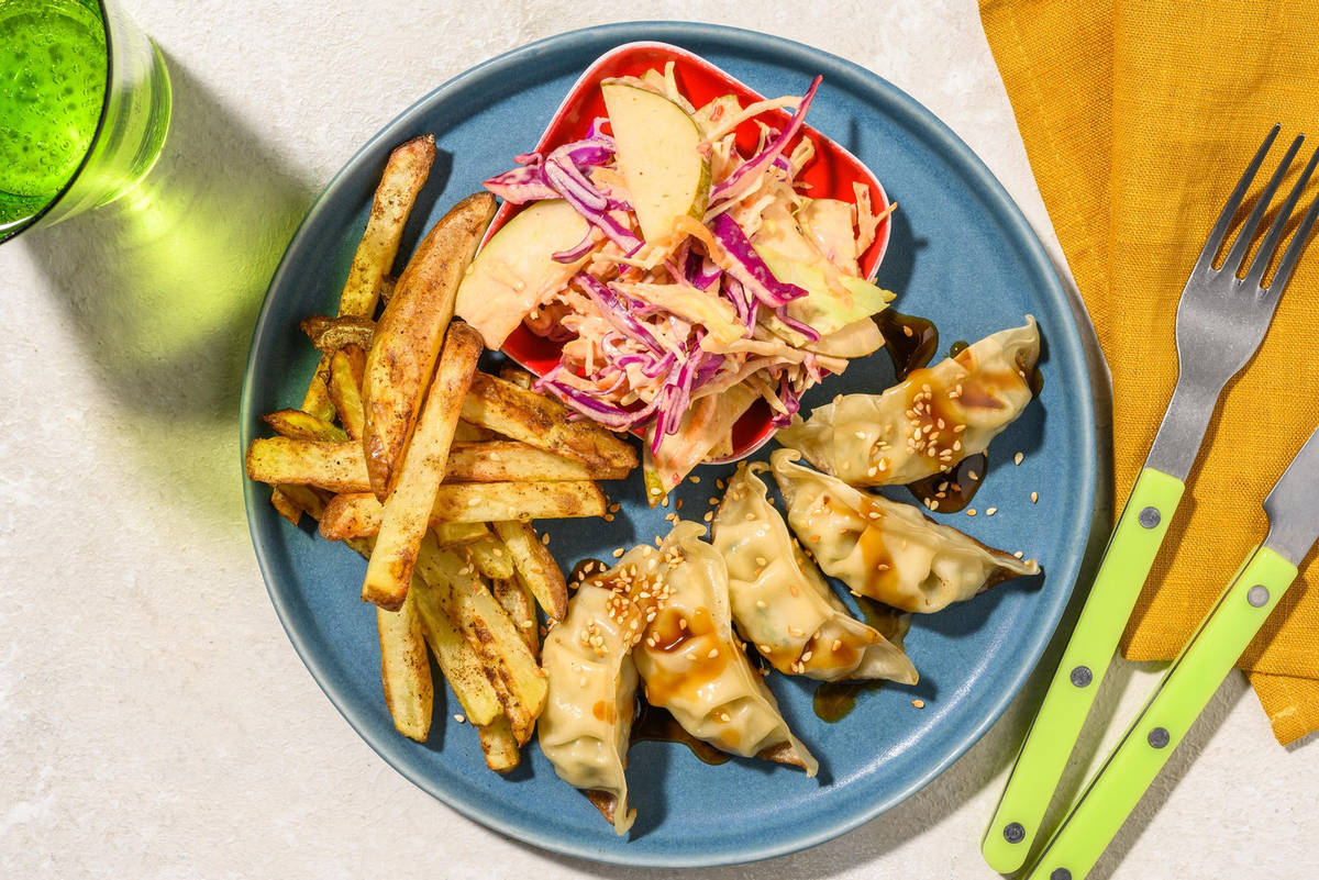 Hoisin Prawns, Chicken Gyozas and Five Spice Fries