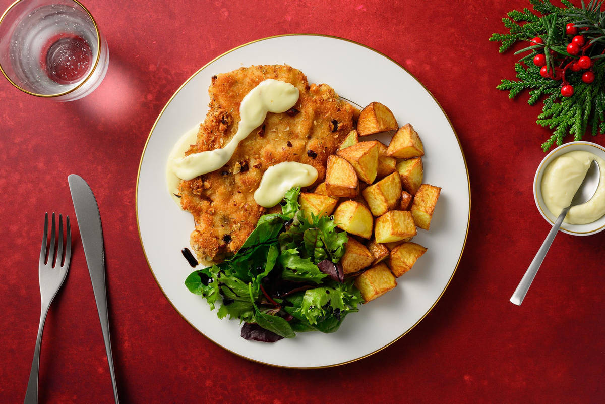 Crispy Rosemary Chicken Schnitzel and Bacon Roast Potatoes