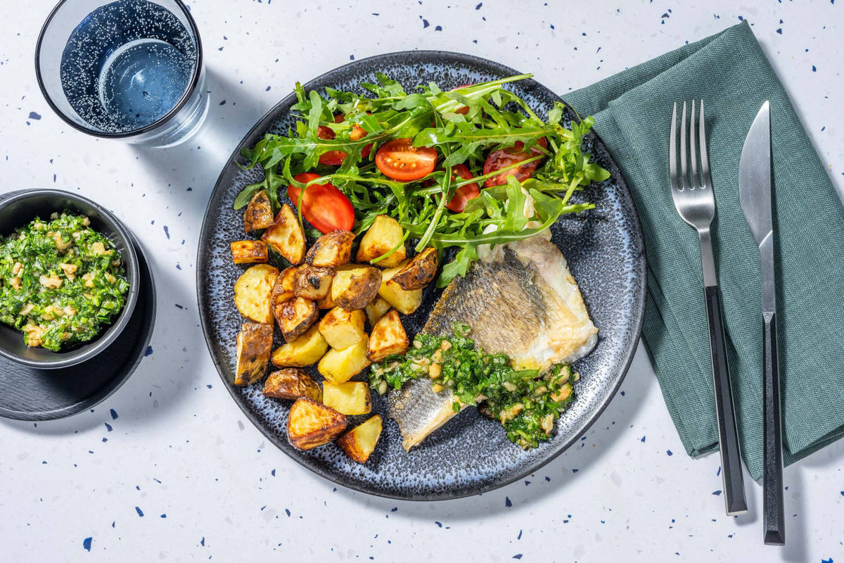 Pan-Fried Sea Bass and Walnut Parsley Pesto