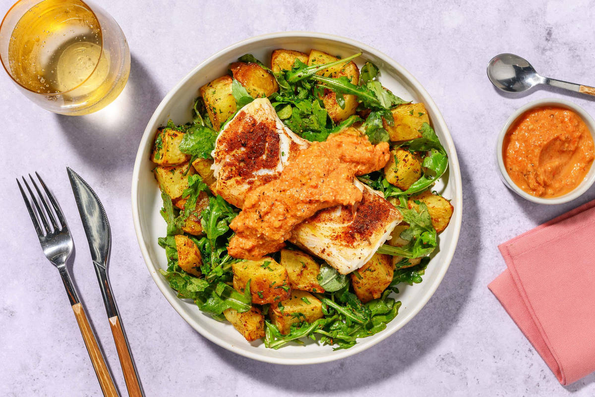 Kryddad ugnsstekt torsk och romescosås