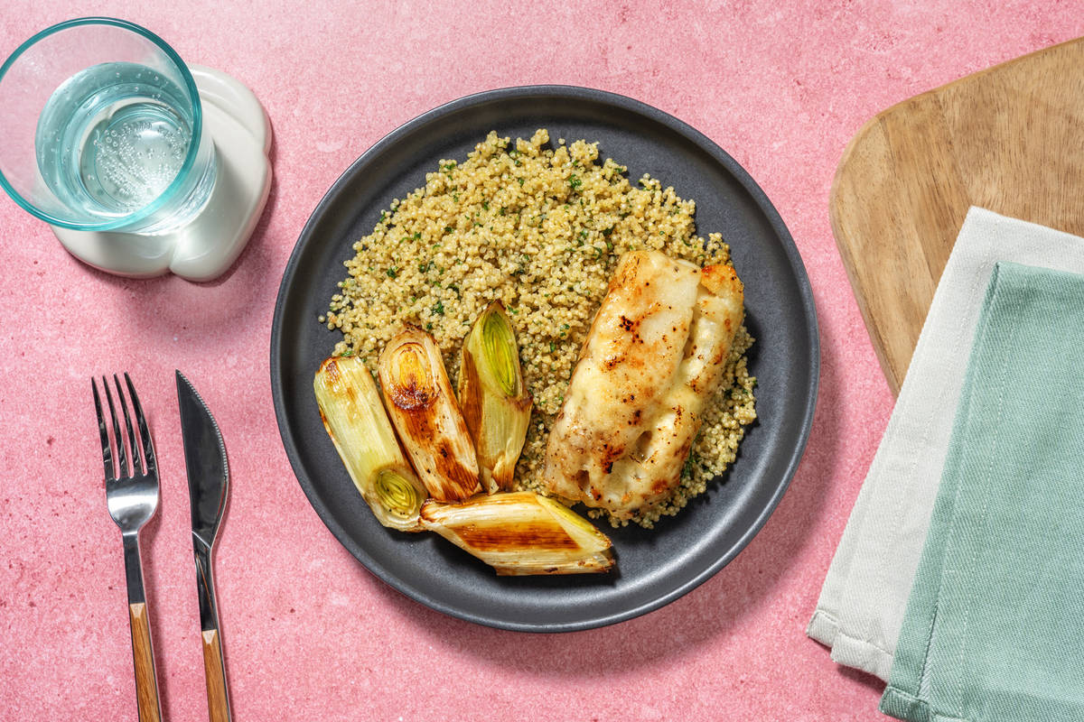 Bacalao con alioli gratinado y puerro asado