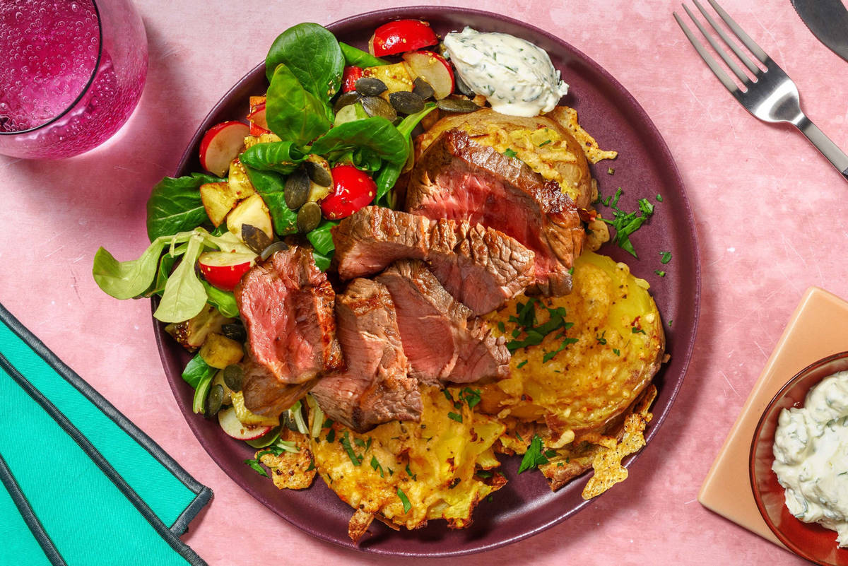 Cheesy Smashed Potatoes & extra Steak vom Weiderind