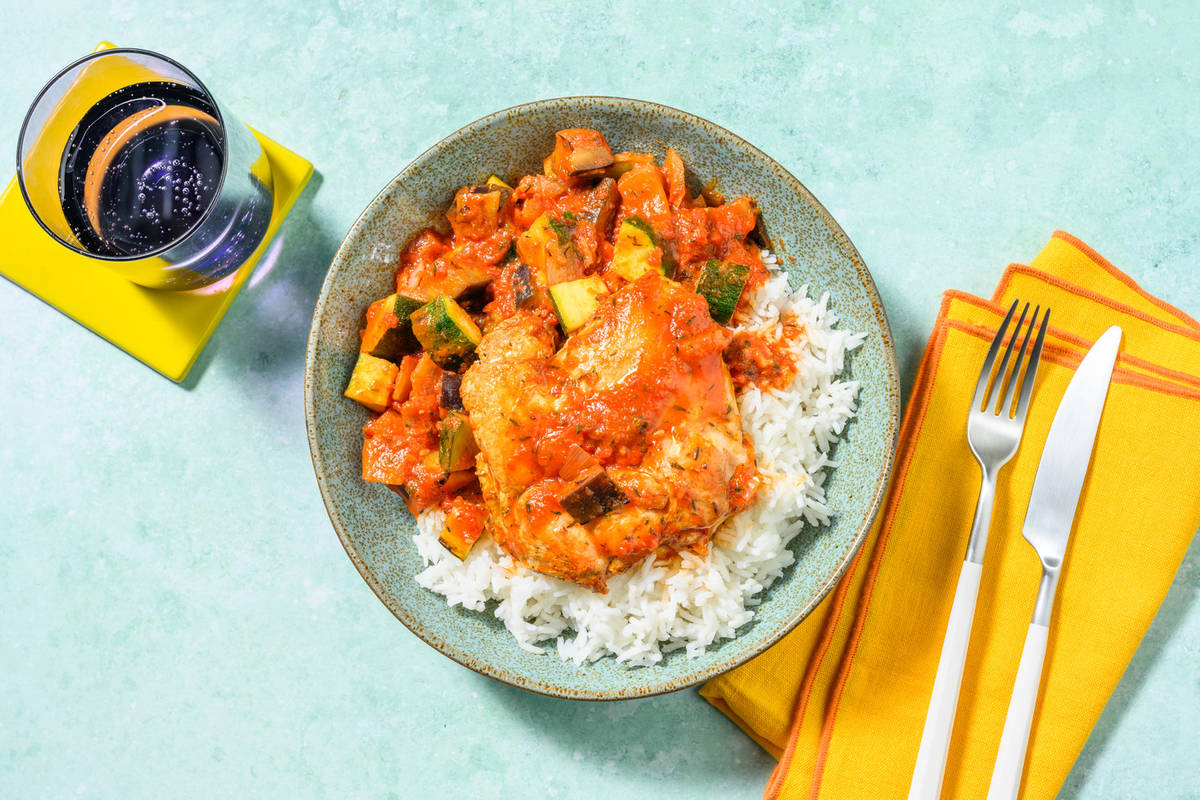 Pollo con samfaina catalana de verduras