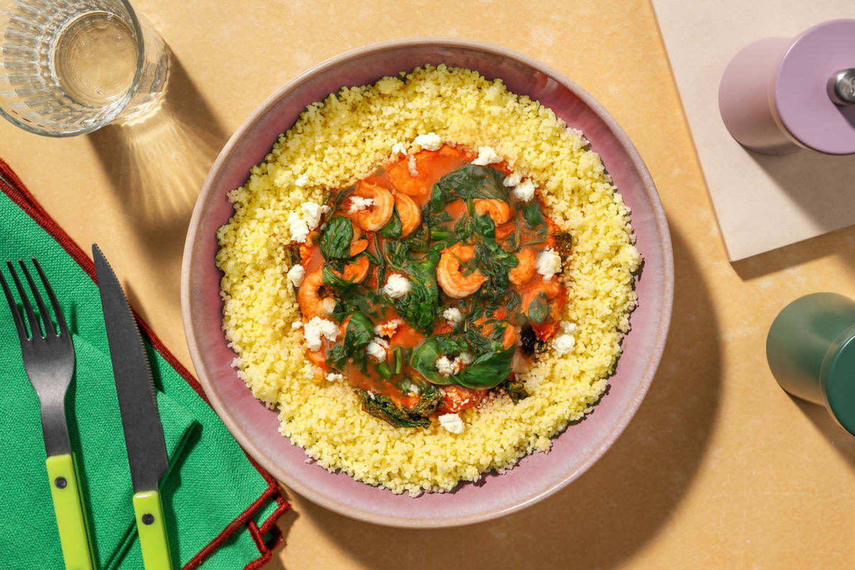 Honey Harissa King Prawns and Spinach