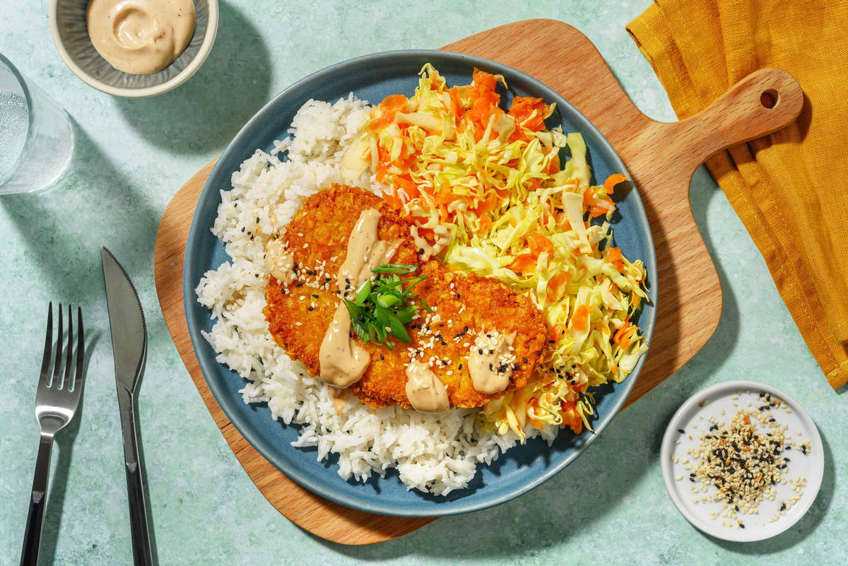 Vegan schnitzel met knoflook-gemberrijst