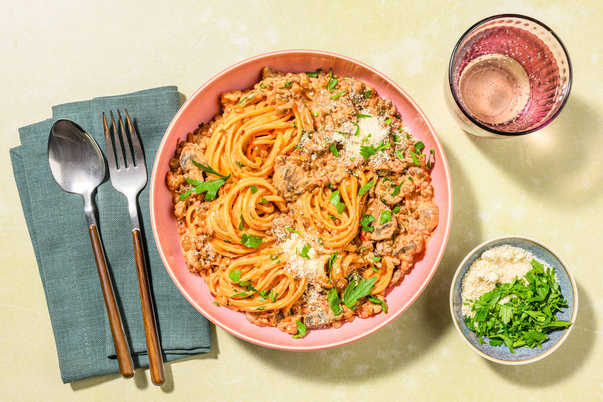 Lentil Ragu and Irish Lean Beef Linguine