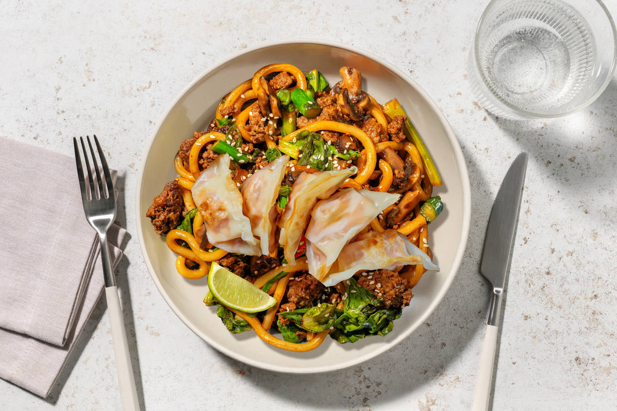 One Pan Gochujang Beef Udon and Vegetable Gyozas