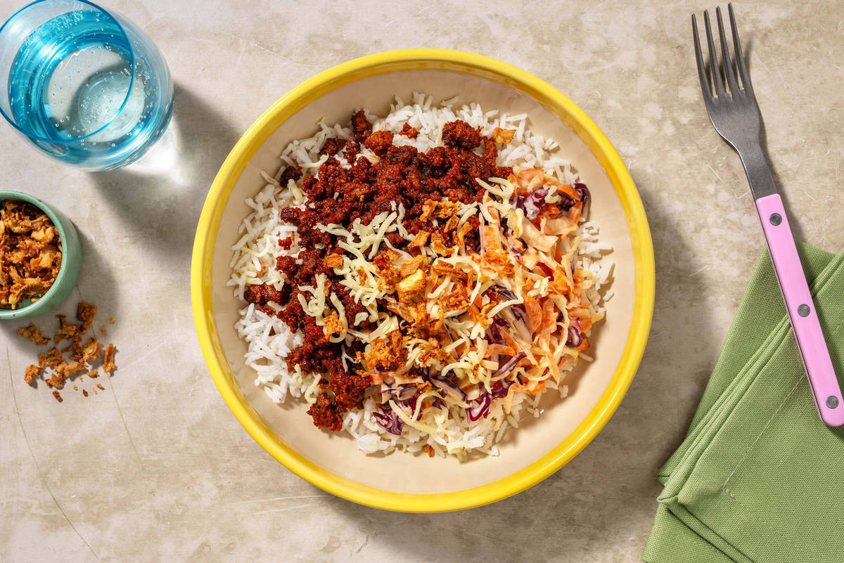 Super Quick Beef & Pork Cheeseburger Inspired Rice Bowl