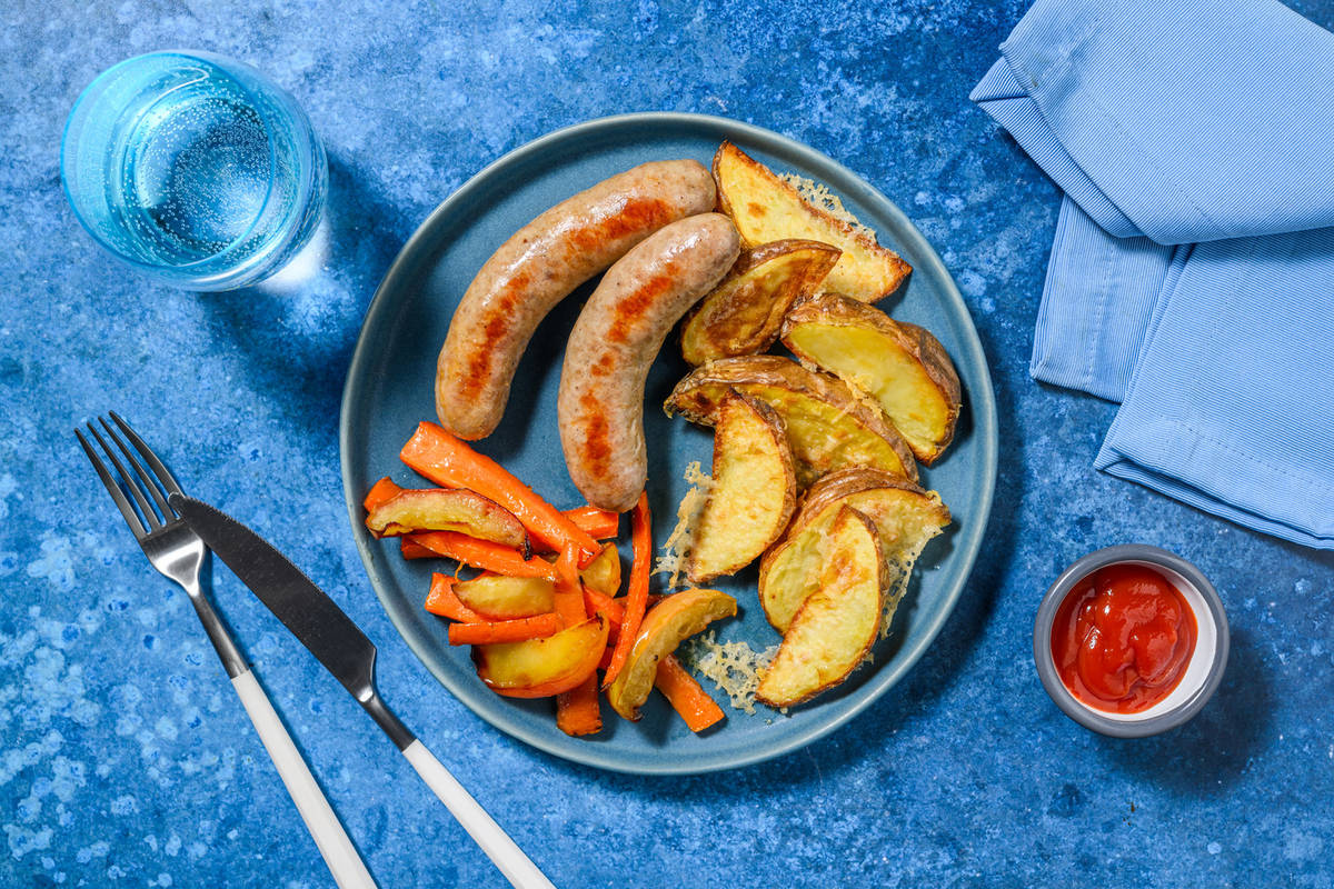 Cosy Sausage Traybake and Cheesy Wedges