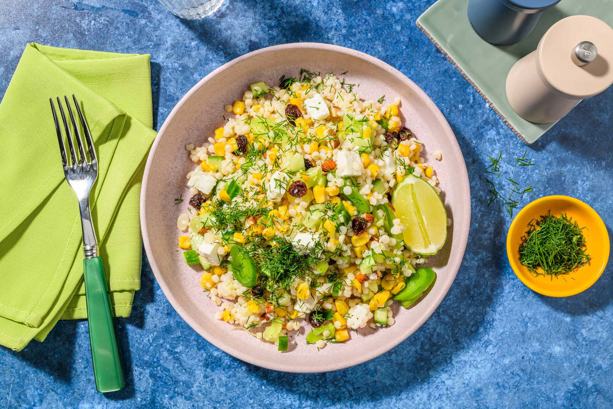 Couscous perlato al formaggio greco e mais