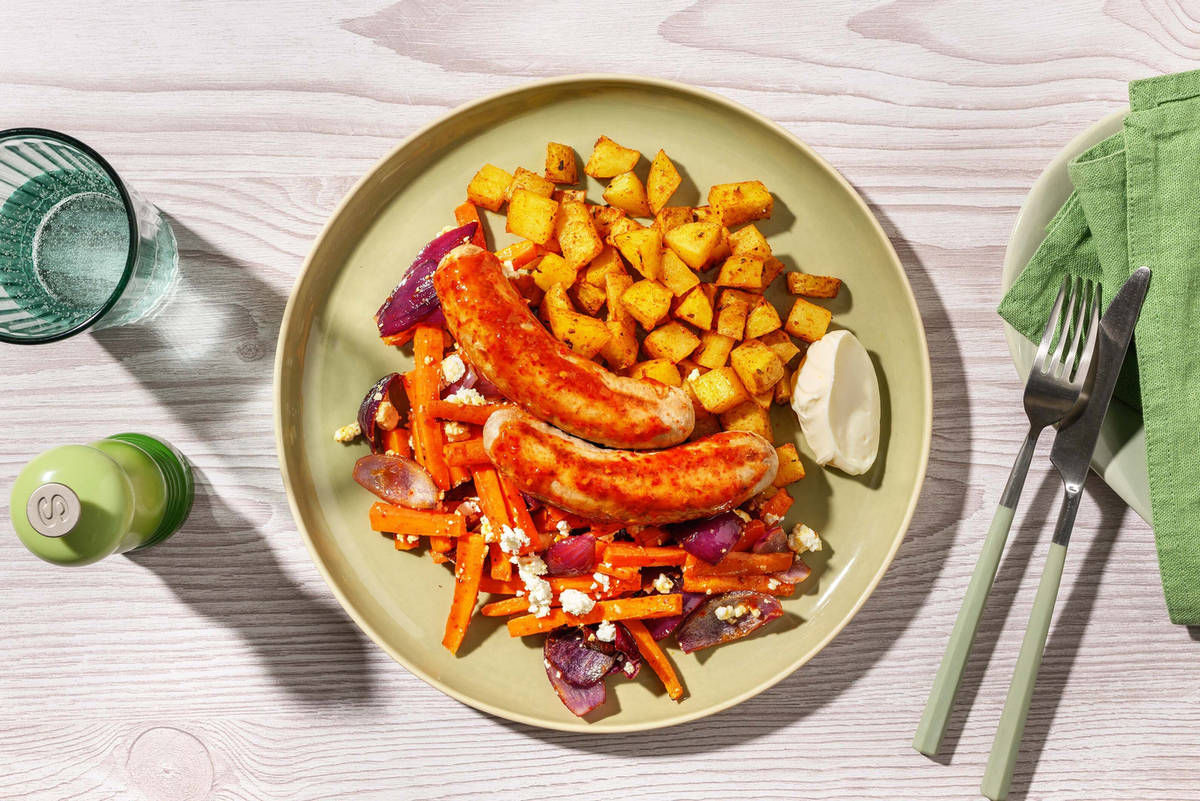 Honey Harissa Veg and Double Sausage Traybake