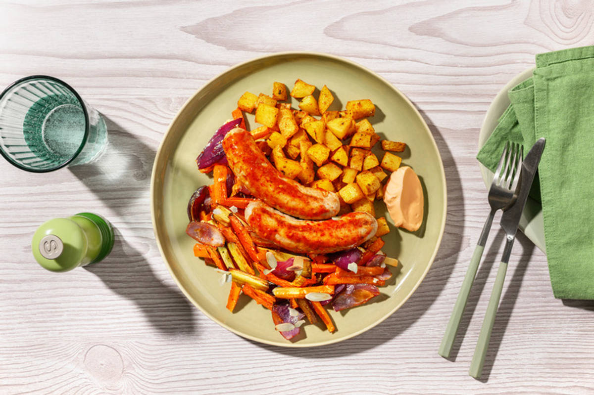 Honey Harissa Veg and Sausage Traybake