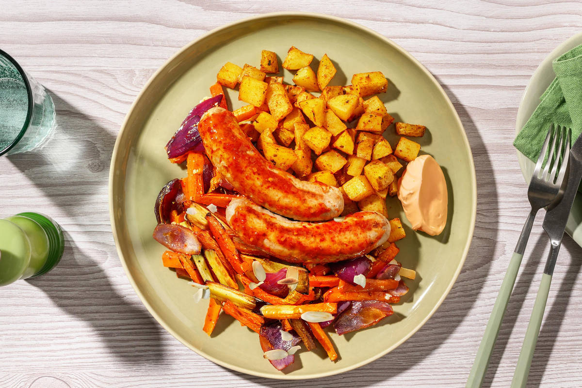 Honey Harissa Veg and Double Sausage Traybake
