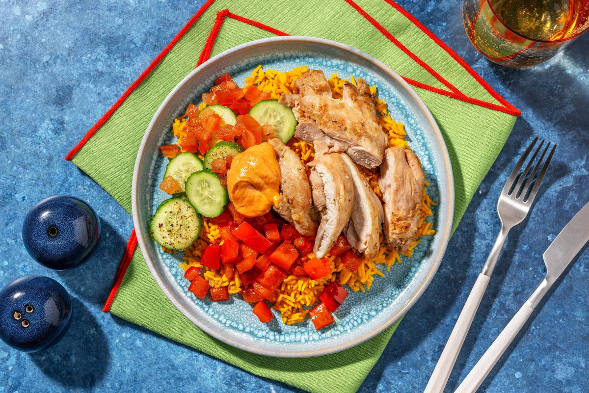 Grilled Shawarma Chicken Breasts and Golden Rice