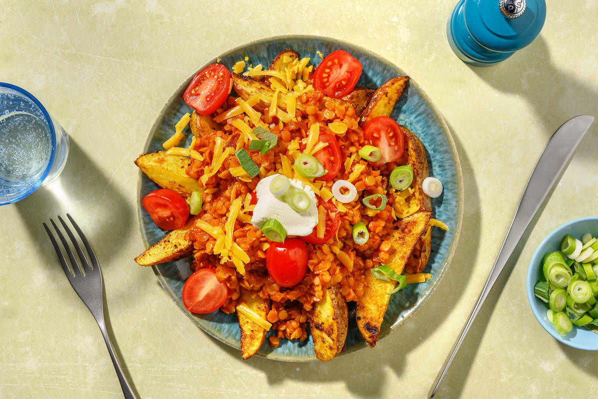 Loaded Lentil Chili-Cheese Potato Wedges
