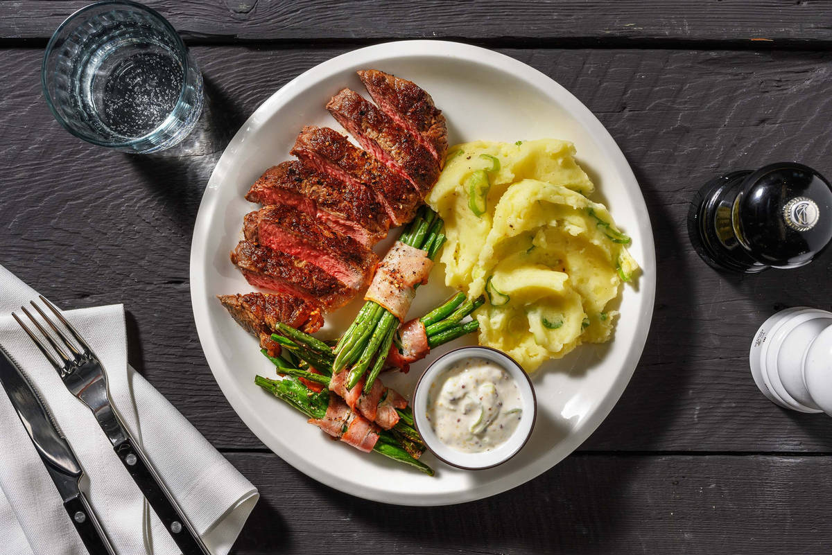 Striploin Steaks and Bacon-Wrapped Green Beans 