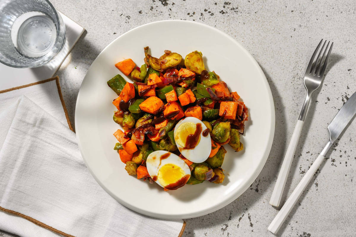Carb Smart Brussels Sprouts, Chicken Breasts and Bacon Hash