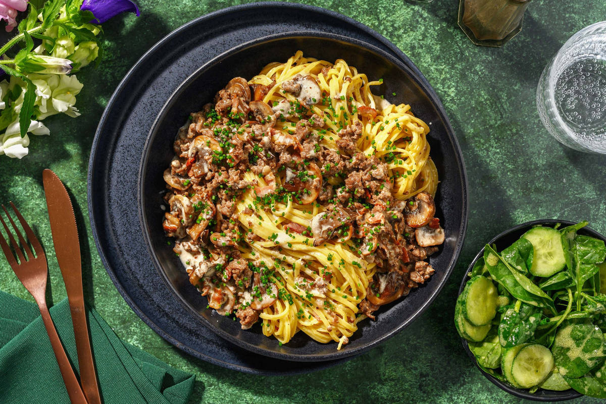 Linguines crémeuses au bison et au bacon