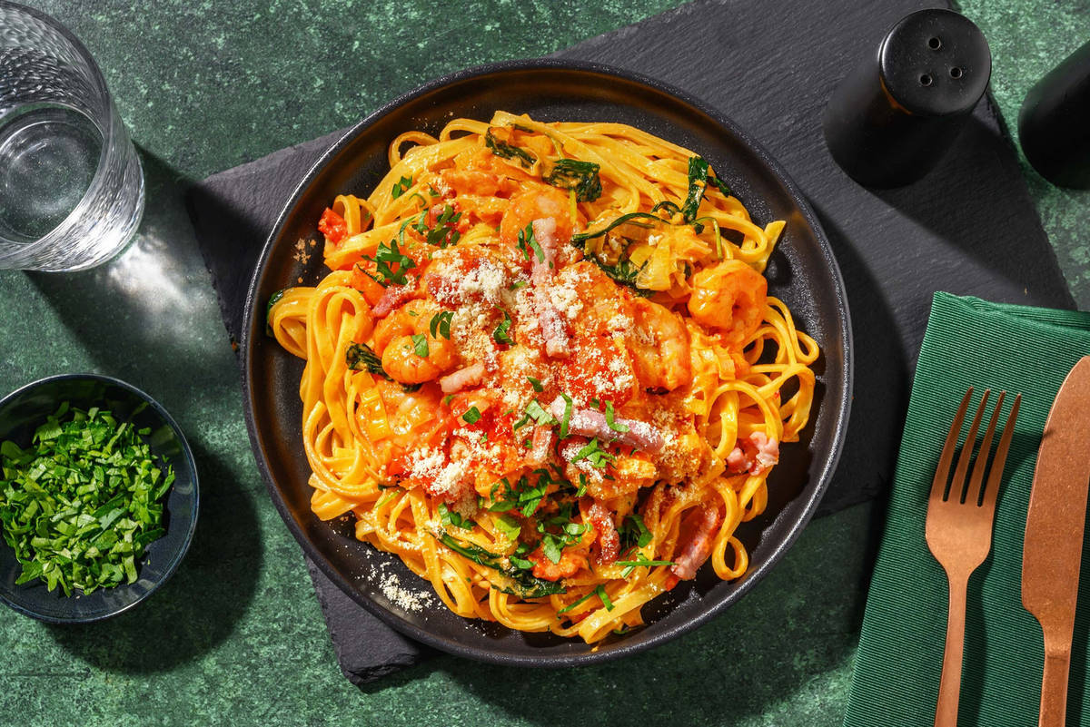 Creamy Tuscan Bacon and Jumbo Shrimp Linguine