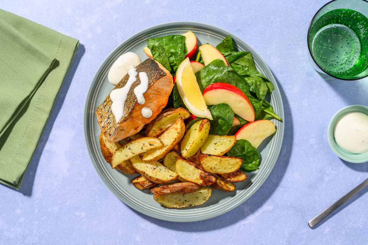 Double saumon poêlé et sauce au raifort