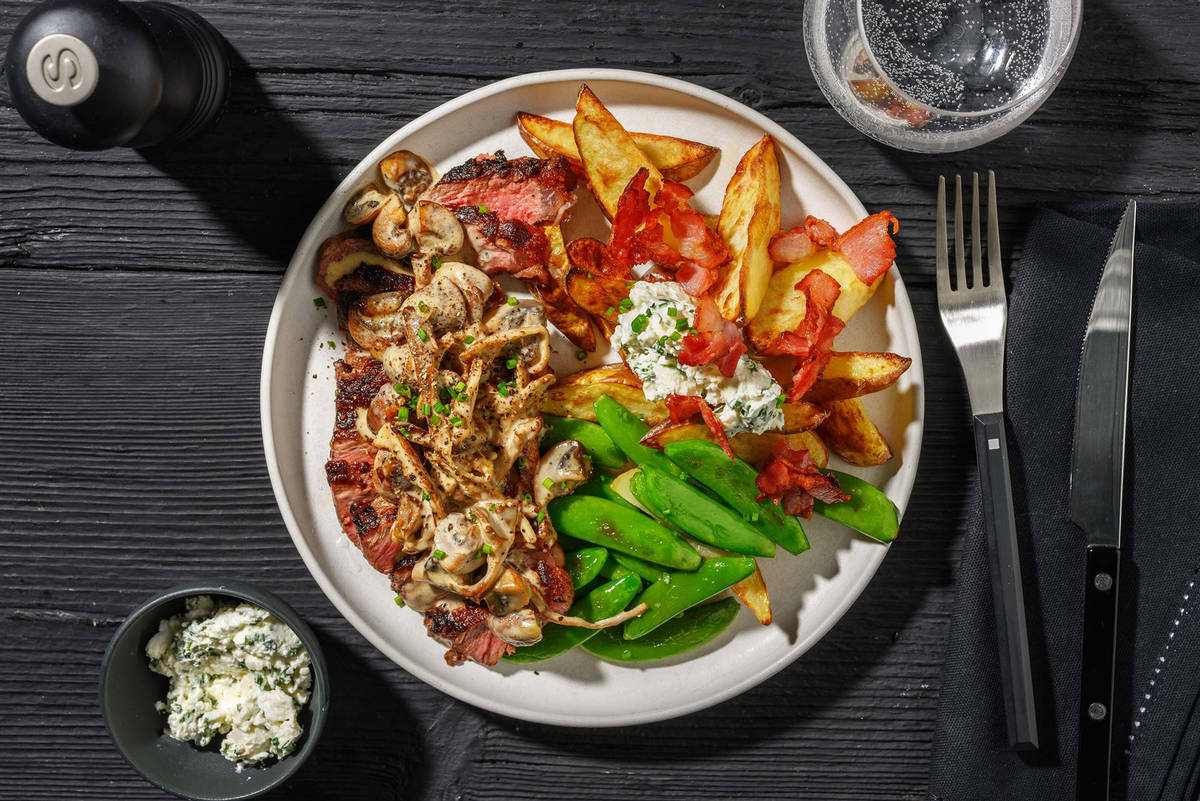 Chophouse Striploin Steaks and Creamy Mushrooms