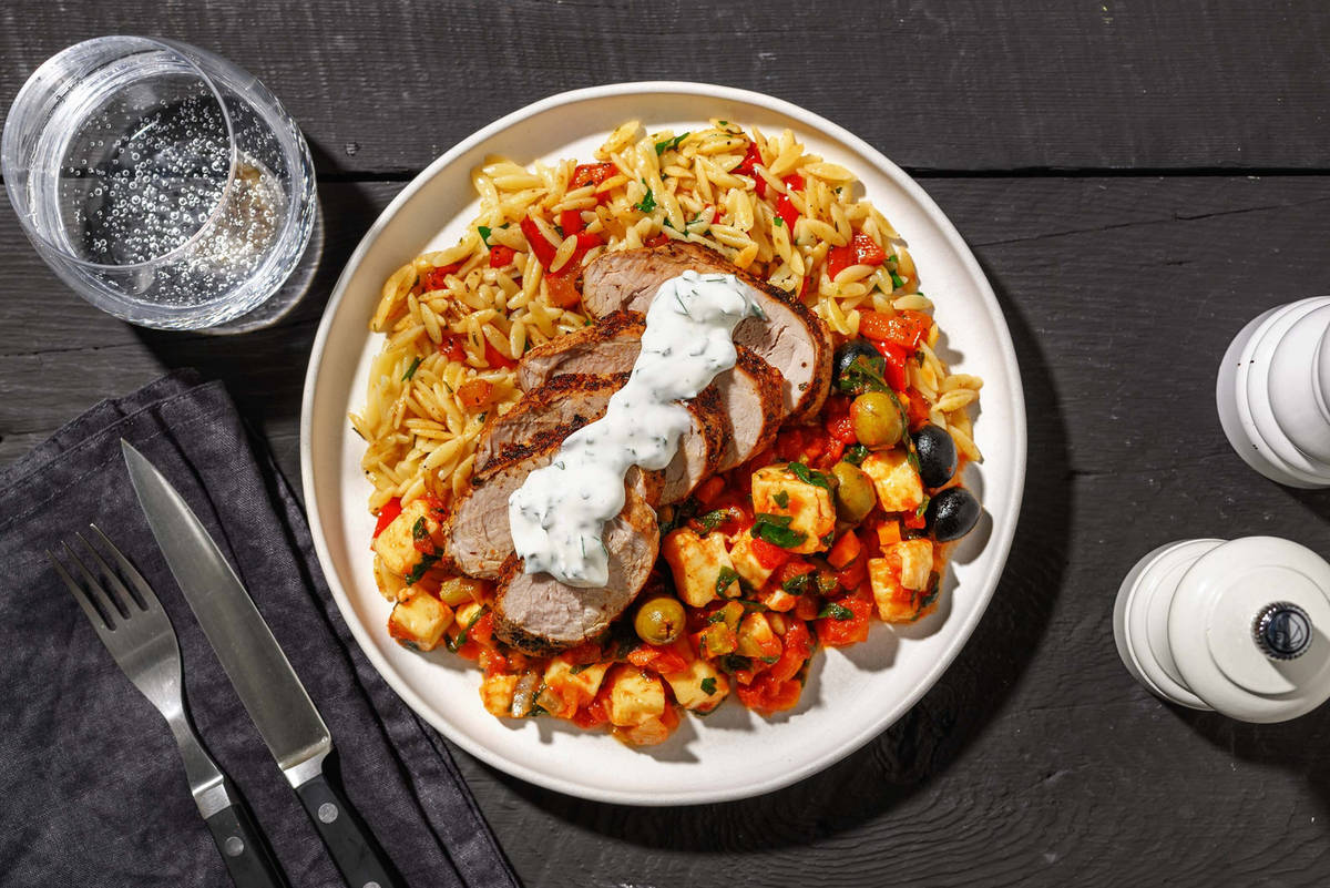 Pork Tenderloin and Olive-and-Tomato Braised Halloumi