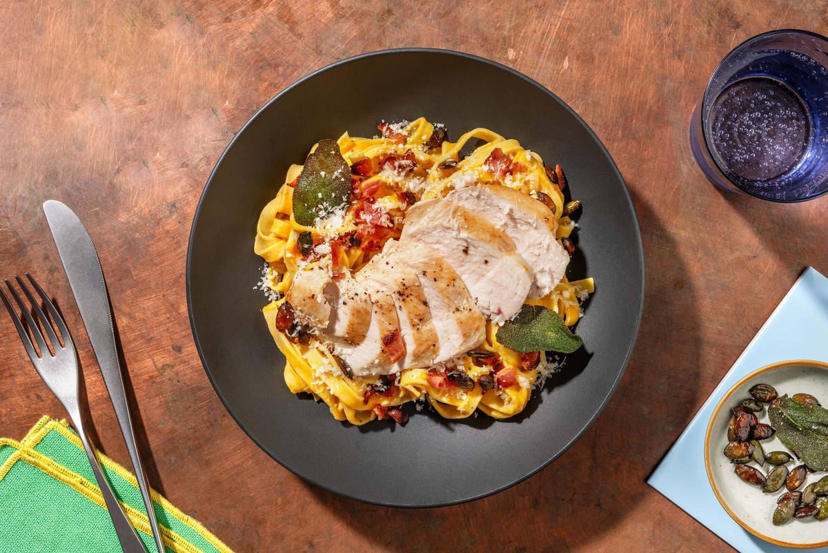Creamy Chicken, Bacon and Squash Linguine
