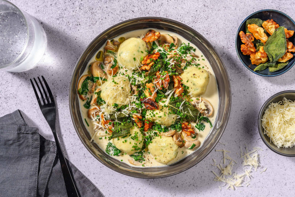 Homemade Gnudi in Creamy Mushroom Sauce